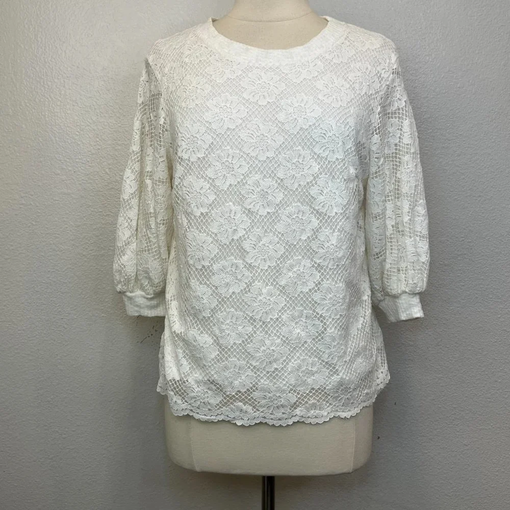 Athropologie Eri + Ali Ivory Lace Top Cotton Blend Top Blouse Puff‎ Sleeve Sz S